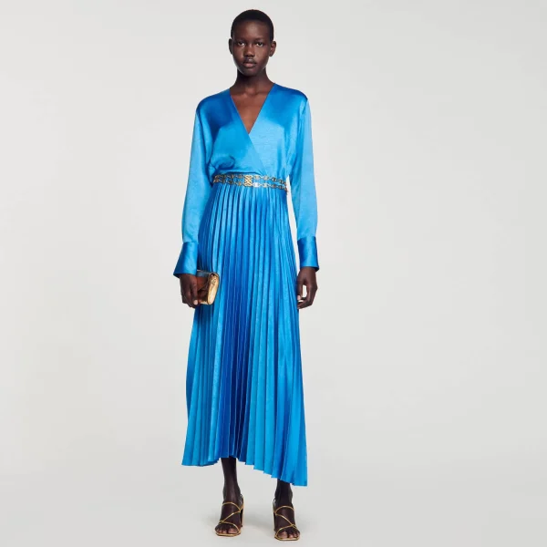 Sale Robe Midi Satinée Plissée Femme Robes