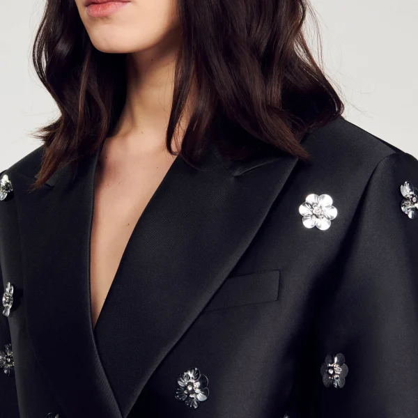 Clearance Veste Courte Satinée Ornée De Fleurs Femme Manteaux | Ensembles